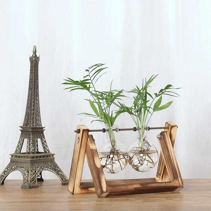 Desktop Hydroponic Vase with Retro Wooden Stand